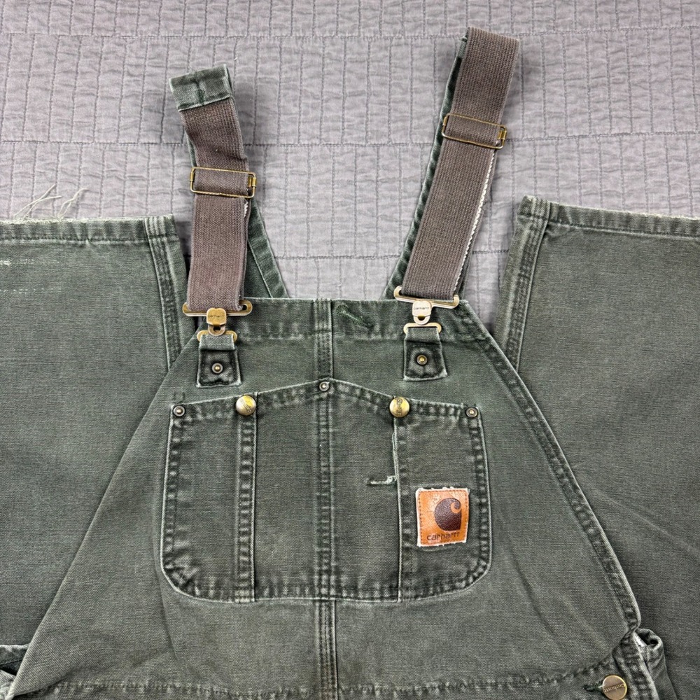 Vtg Carhartt R06 MOS Green Duck Bib Overalls 40x32 Double Knee Canvas Moss Fade - Picture 2 of 16